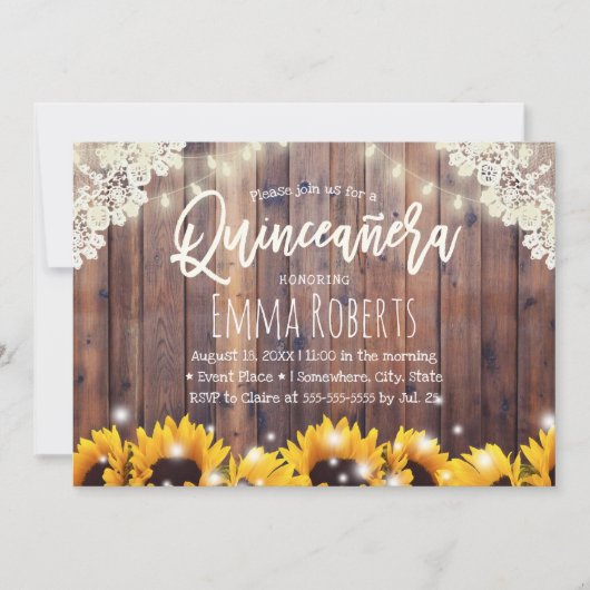 Rustige zonnebloemen & String Lights Quinceanera Kaart (Voorkant)
