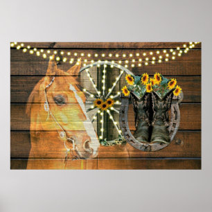 Rustige Zonnebloemen Wagon Wheel Cowboy Boots Poster