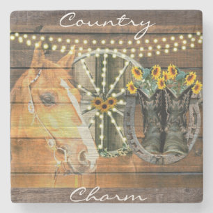 Rustige Zonnebloemen Wagon Wheel Cowboy Boots Stenen Onderzetter
