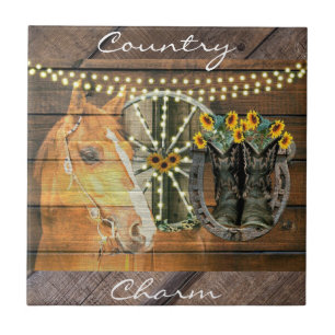 Rustige Zonnebloemen Wagon Wheel Cowboy Boots Tegeltje