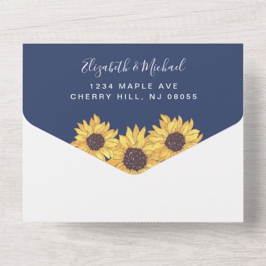 Rustige zonnebloemen Waterverf Blue Wedding All In One Uitnodiging (Achterkant)