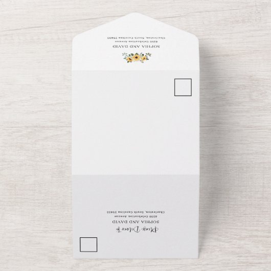 Rustige zonnebloemen | Waterverf Floral Wedding All In One Uitnodiging (Buitenkant)