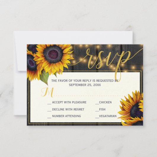 Rustige zonnebloemplichten met een houtbruiloft RSVP kaartje (Voorkant)