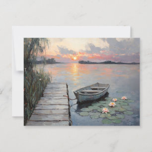 Rustige zonsondergang boven roeiboot op een meer briefkaart