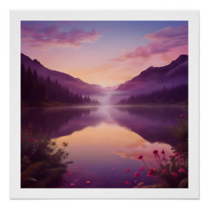 Rustige zonsondergang over een bergmeer perfect poster