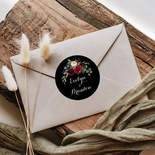 Rustige zwarte botanische bruiloft ronde sticker
