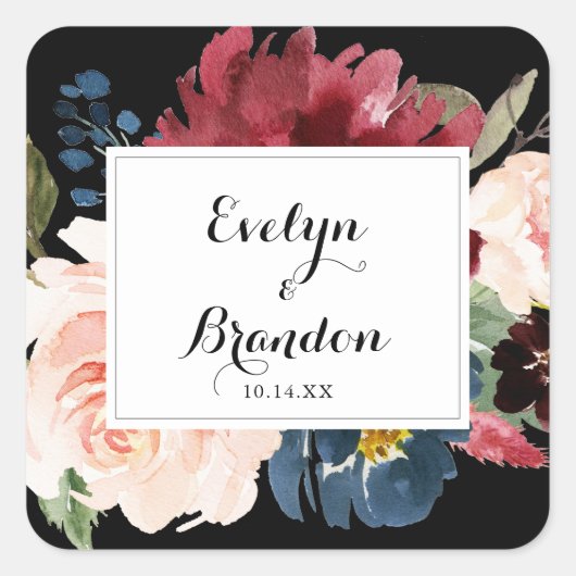 Rustige zwarte botanische bruiloft vierkante sticker (Voorkant)