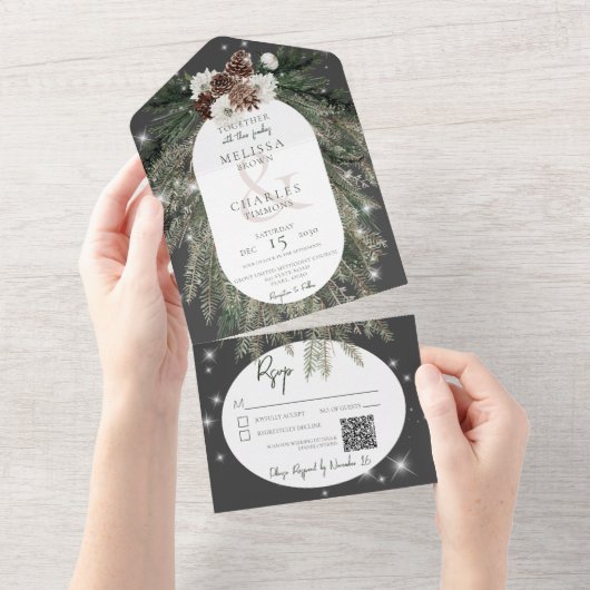 Rustige zwarte houtskool Wintersparkle QR-code All In One Uitnodiging (Afscheurbaar)