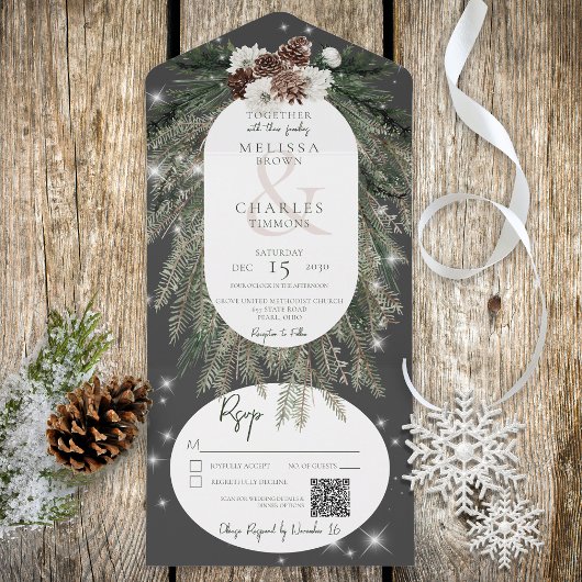 Rustige zwarte houtskool Wintersparkle QR-code All In One Uitnodiging