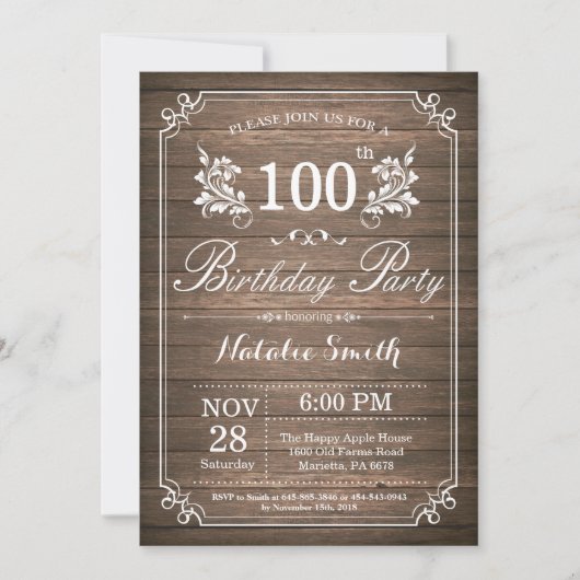 Rustique 100e anniversaire Invitation Floral (Devant)