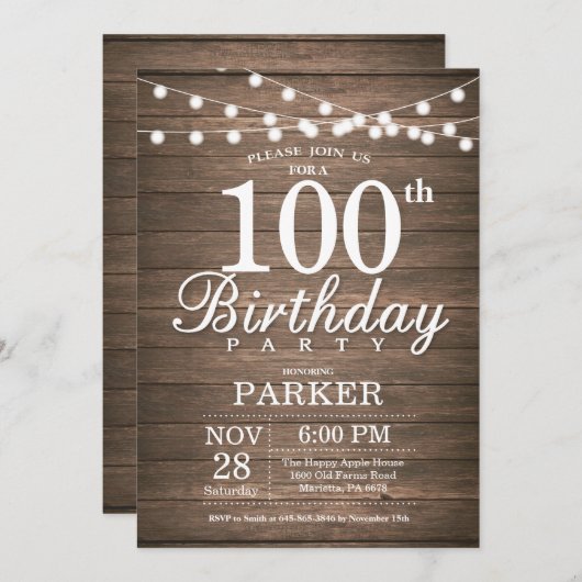 Rustique 100e anniversaire Invitation String lumiè (Devant / Derrière)