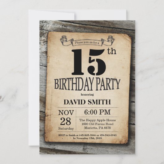 Rustique 15e anniversaire Invitation Bois Vintage (Devant)