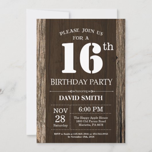 Rustique 16e anniversaire Invitation Bois Vintage (Devant)