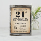 Rustique 21e anniversaire Invitation Bois Vintage (Debout devant)