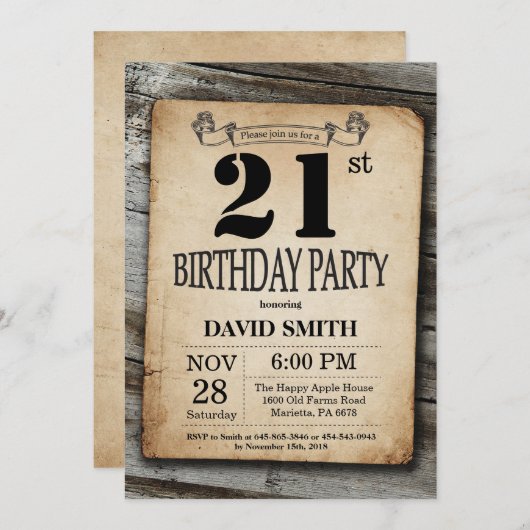 Rustique 21e anniversaire Invitation Bois Vintage (Devant / Derrière)