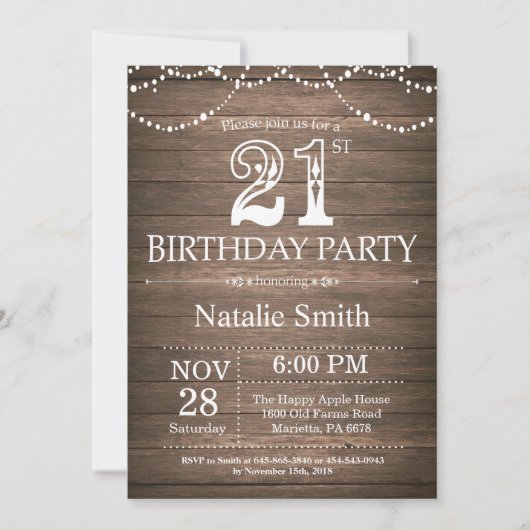 Rustique 21e anniversaire Invitation String lumièr (Devant)