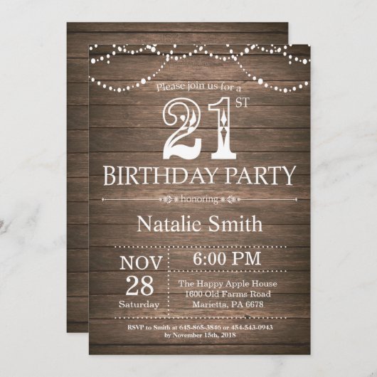 Rustique 21e anniversaire Invitation String lumièr (Devant / Derrière)