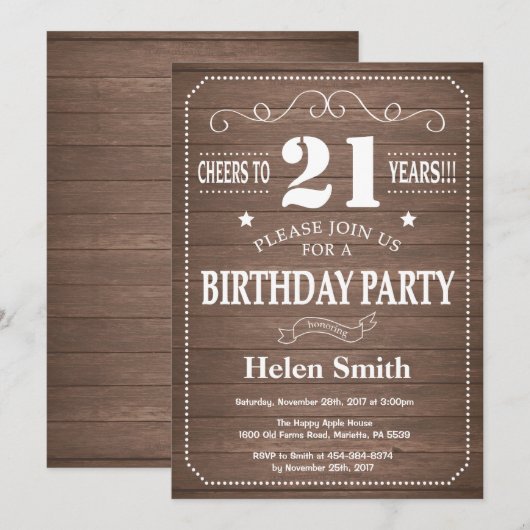 Rustique 21ème anniversaire Invitation (Devant / Derrière)