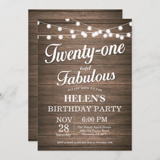 Rustique 21ème anniversaire Invitation Bois Fabule (Devant / Derrière)