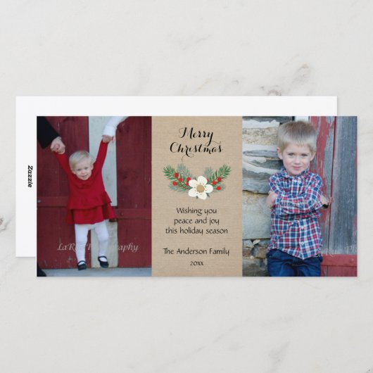 Rustique 2 photo carte de Noël / burlap rouge blan (Devant / Derrière)