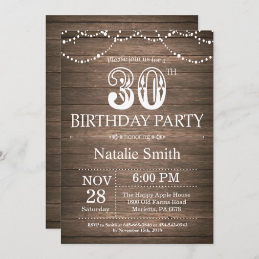 Rustique 30e anniversaire Invitation String lumièr (Devant / Derrière)