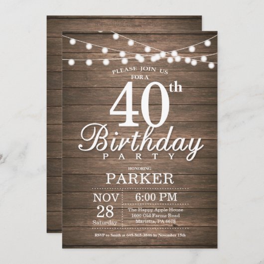 Rustique 40e anniversaire Invitation String éclats (Devant / Derrière)
