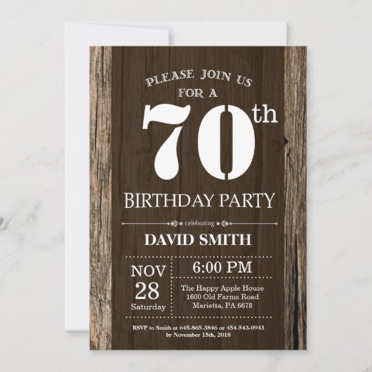 Rustique 70e anniversaire Invitation Bois Vintage (Devant)