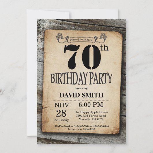 Rustique 70e anniversaire Invitation Bois Vintage (Devant)