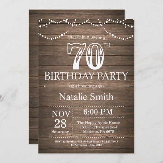 Rustique 70e anniversaire Invitation String lumièr (Devant / Derrière)