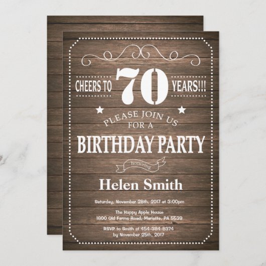 Rustique 70e anniversaire Invitation Vintage Retro (Devant / Derrière)