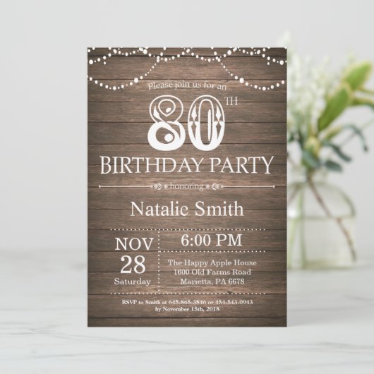 Rustique 80e anniversaire Invitation String lumièr (Debout devant)
