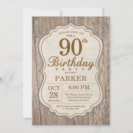 Rustique 90e anniversaire Invitation Bois (Devant)