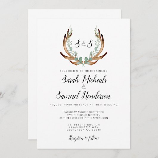 Rustique Antler | Faire-part de mariage aquarelle (Devant / Derrière)