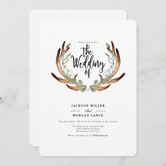 Rustique Antler & Vine | Invitation de mariage aqu (Devant / Derrière)