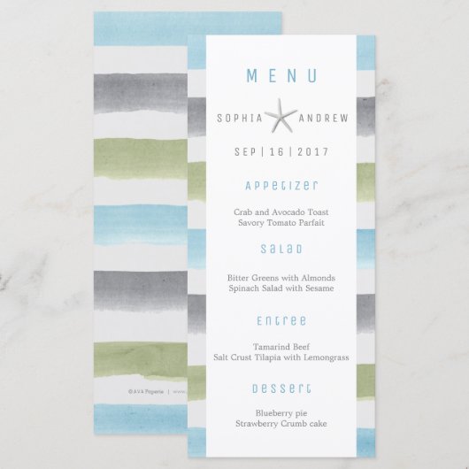 Rustique aquarelle rayures plage menu mariage (Devant / Derrière)