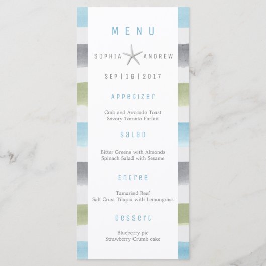 Rustique aquarelle rayures plage menu mariage (Devant)