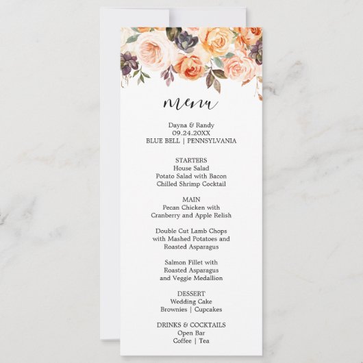 Rustique Automne Élégant Dîner Floral Carte Menu (Devant)