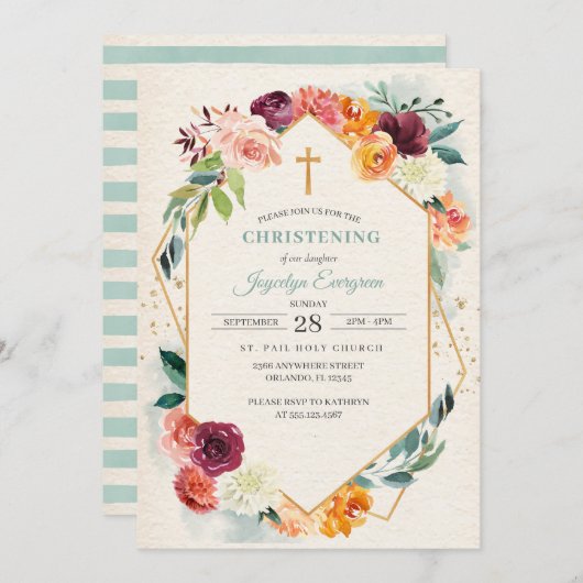 Rustique Automne Floral Christening Invitation (Devant / Derrière)