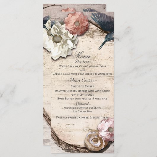Rustique Blanc Birch Floral & Hummingbird Menu (Devant / Derrière)