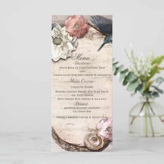 Rustique Blanc Birch Floral & Hummingbird Menu (Debout devant)