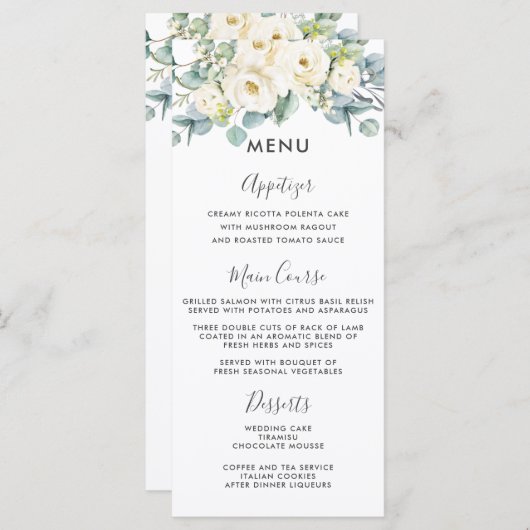 Rustique blanc ivoire Floral Eucalyptus Menu Maria (Devant / Derrière)