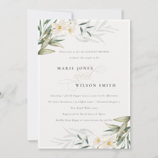 Rustique Blanc Vert Floral Couples Invitation douc (Devant)