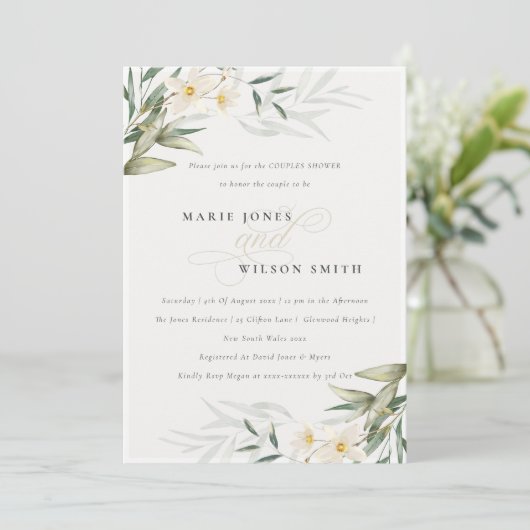 Rustique Blanc Vert Floral Couples Invitation douc (Debout devant)