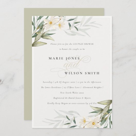 Rustique Blanc Vert Floral Couples Invitation douc (Devant / Derrière)
