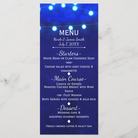 Rustique Bleu Chaîne Lights Élégant Menu Mariage (Devant)
