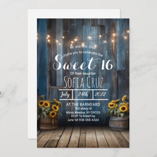 Rustique Bleu Grange Tournesol Sweet 16 Invitation (Devant / Derrière)