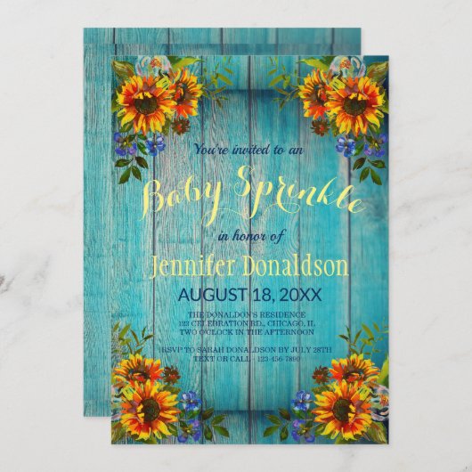 Rustique Bleu Tournesol Baby Sprinkle Invitation (Devant / Derrière)