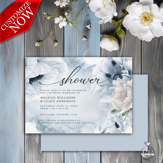 Rustique Blue Floral Aquarelle Poppies Invitation