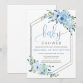 Rustique Blue Floral Boy Baby shower Invitation (Devant / Derrière)