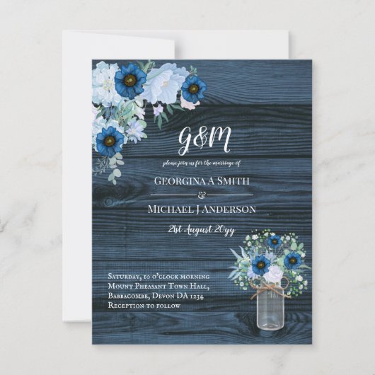 Rustique Blue Floral Wedding Invitations Mason Jar (Devant)